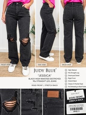 NWT Judy Blue Jessica High-Waisted Black Destroyed 90s Straight Leg Jeans Sz 13
